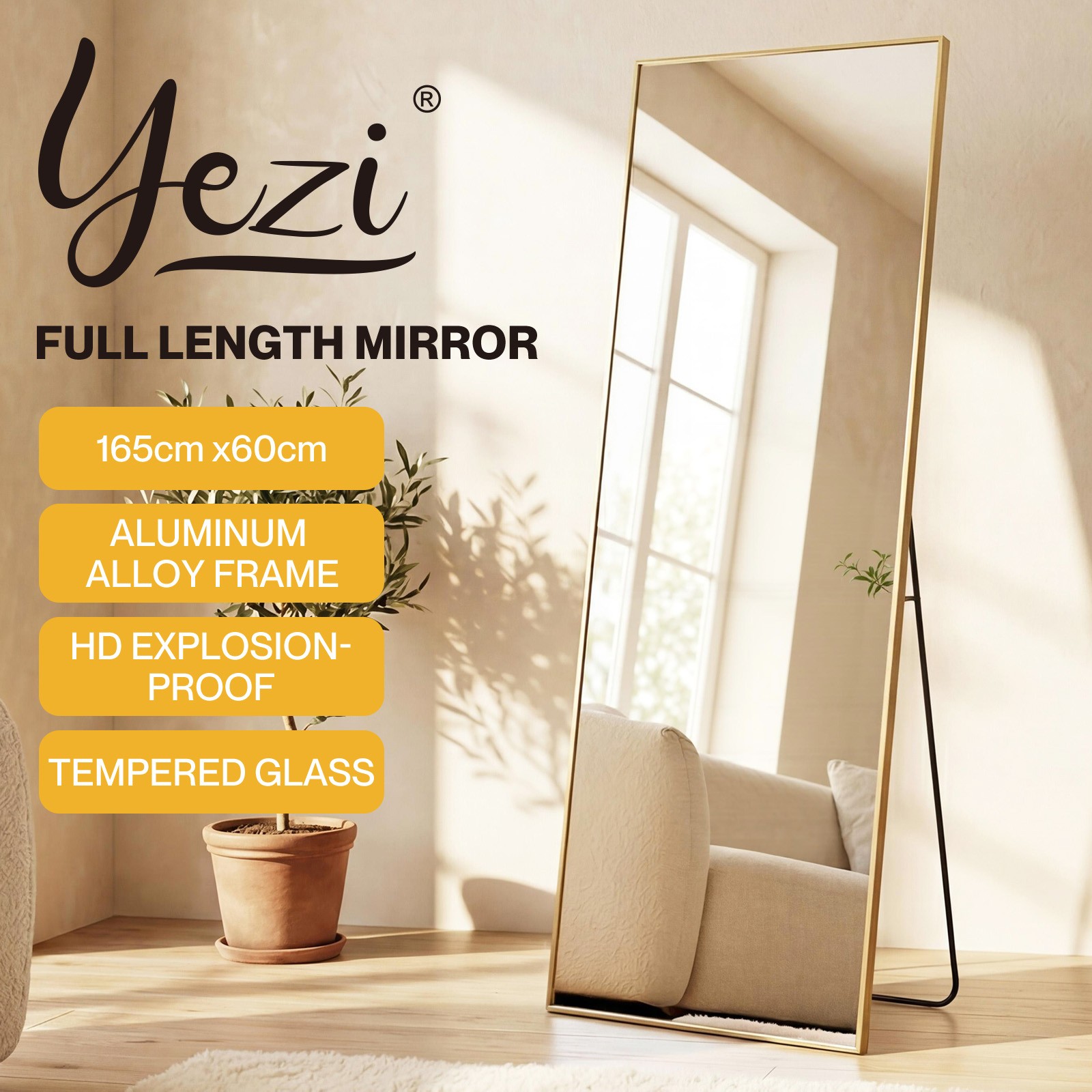 Yezi Full Length Mirror 165x60cm Gold Rectangular Framed Standing Wall Leaning