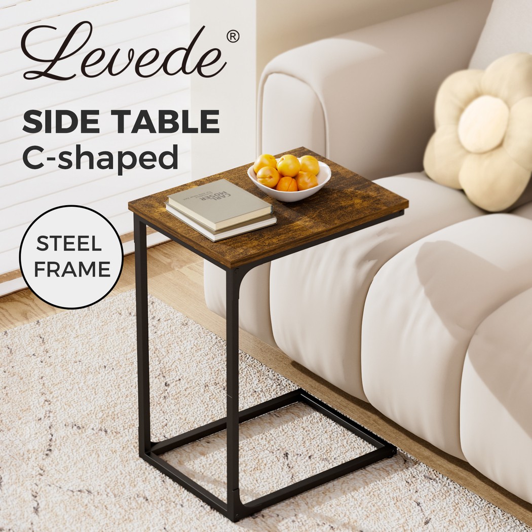 Levede C-shaped Side Table Brown Black Wood Steel Living Room Bedroom