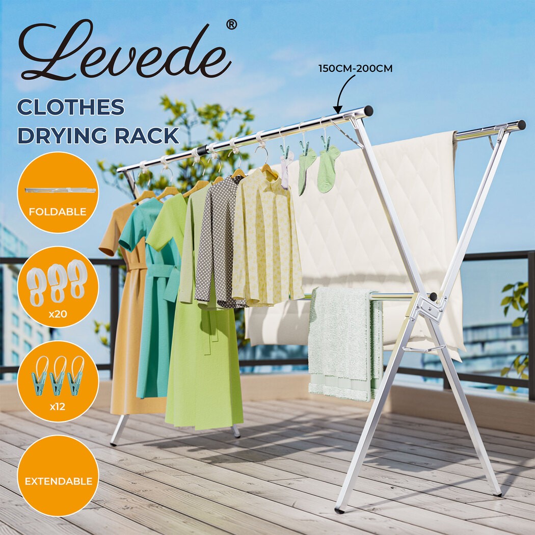 Levede Clothes Drying Rack Garment Airer Adjustable Foldable 150-200cm Steel