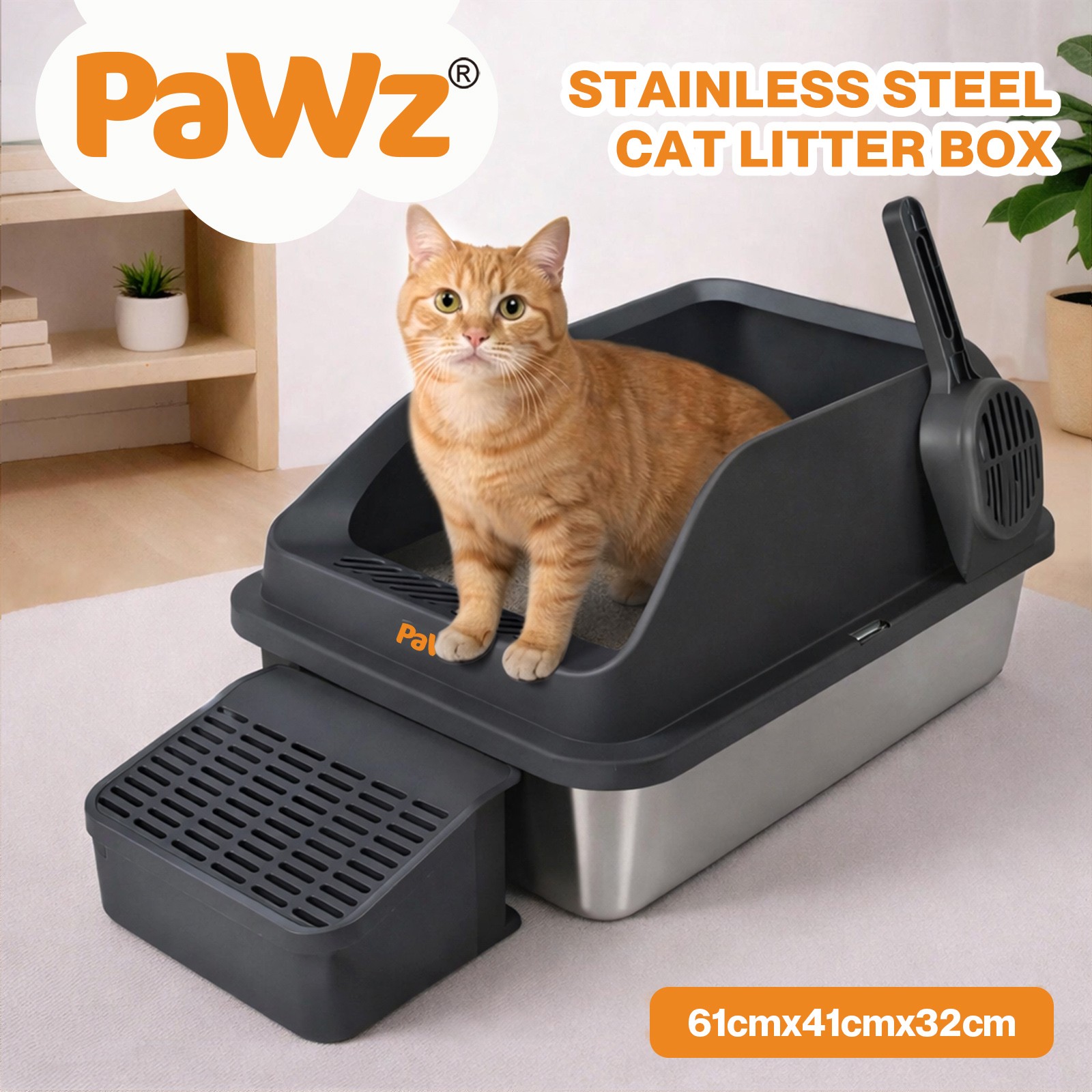 Pawz Stainless Steel Cat Litter Box Open Tray Big Cats Kitten High Sided Grey