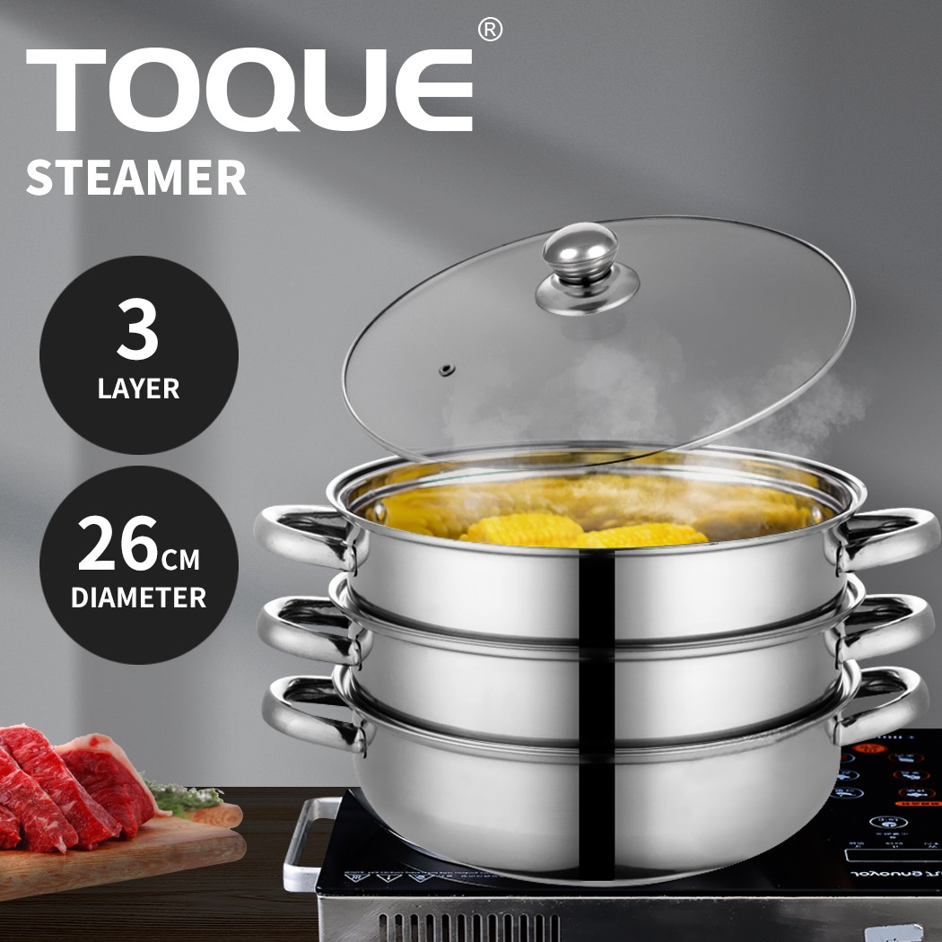 Toque 3 Tier Stainless-Steel Steamer 27 cm Silver Meat Vegetable Cookware
