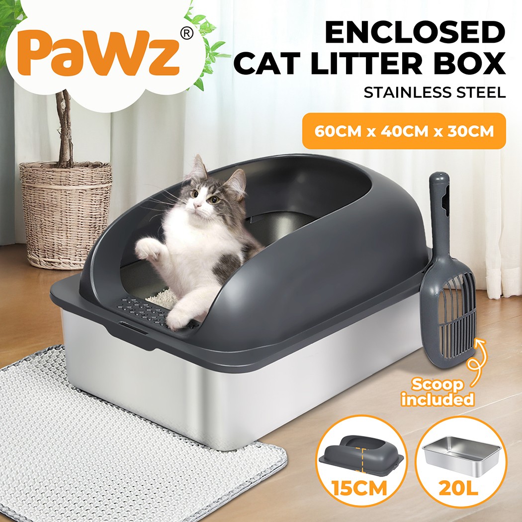 Pawz Stainless-Steel Cat Litter Box Large Semi-Enclosed Grey 20L Easy Cleaning