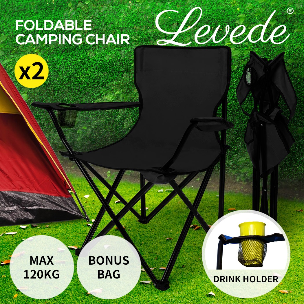 Levede 2Pcs Black Foldable Camping Chairs Portable Outdoor Fishing Picnic 120kg