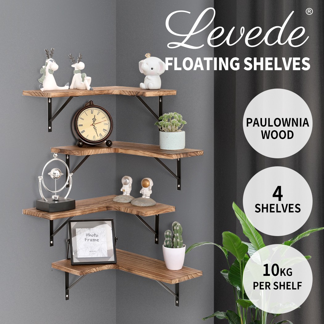 Levede Floating Corner Shelf 4PC Wall Mounted Natural Paulownia Wood 40.5cm