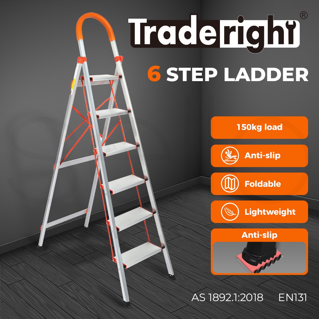 Traderight 6 Step Ladder Folding Aluminium Portable 150kg 189cm Silver