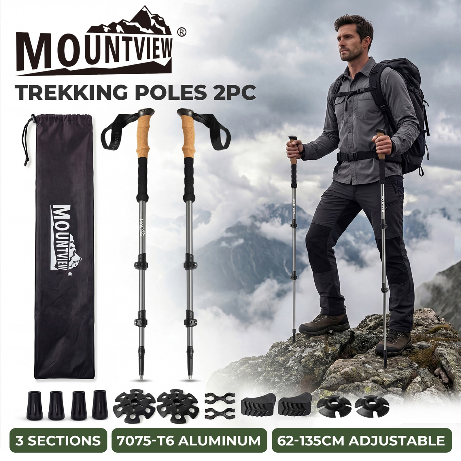 Mountview 2 Pcs Adjustable Lightweight Grey Hiking Trekking Poles Walking Stick