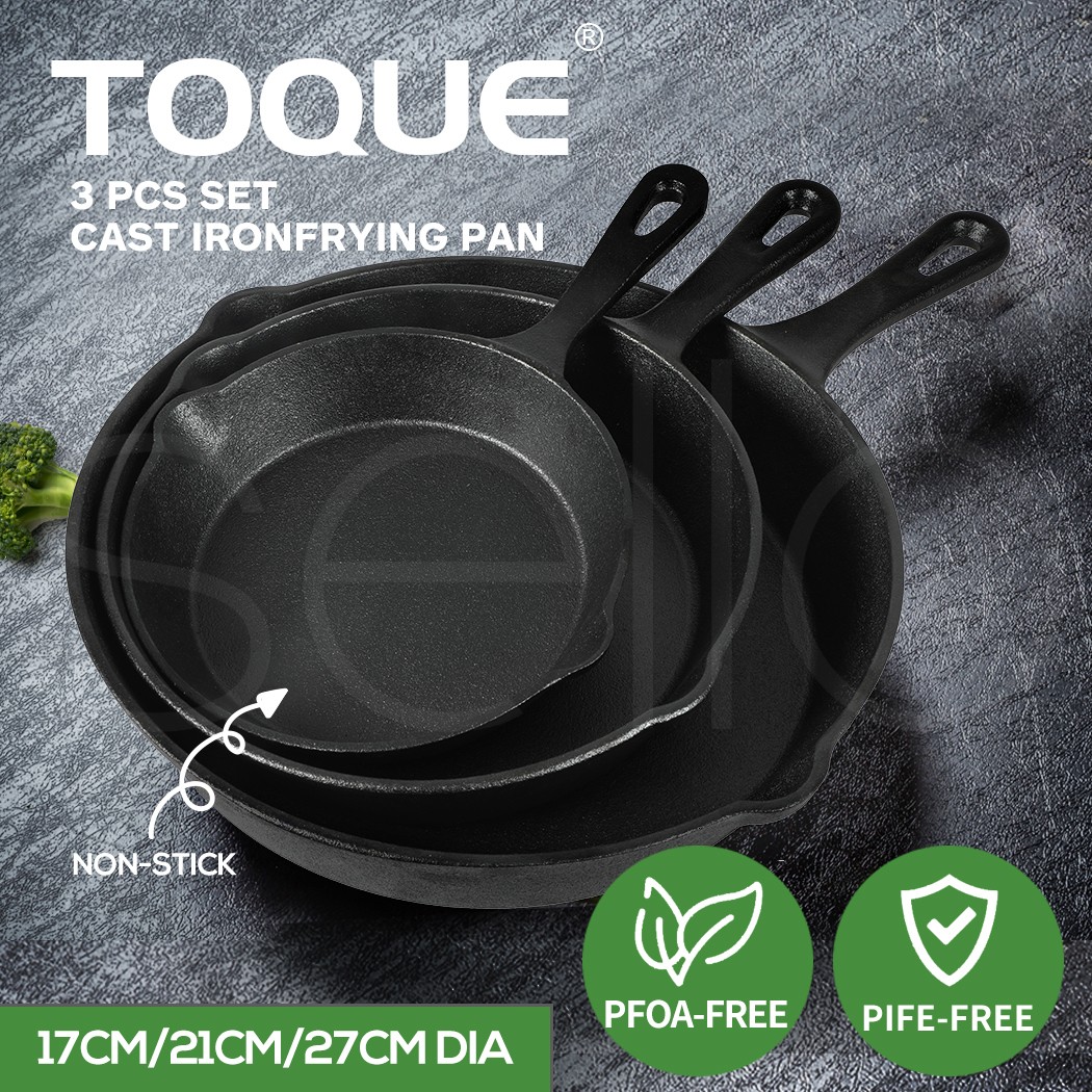 TOQUE Cast Iron 3Pc Steak Grill Pan Set Non-Stick Frying Skillet Black