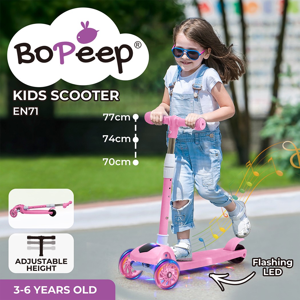 Bopeep Foldable Kids Push Scooter Adjustable Height 3 Wheels Pink LED Music