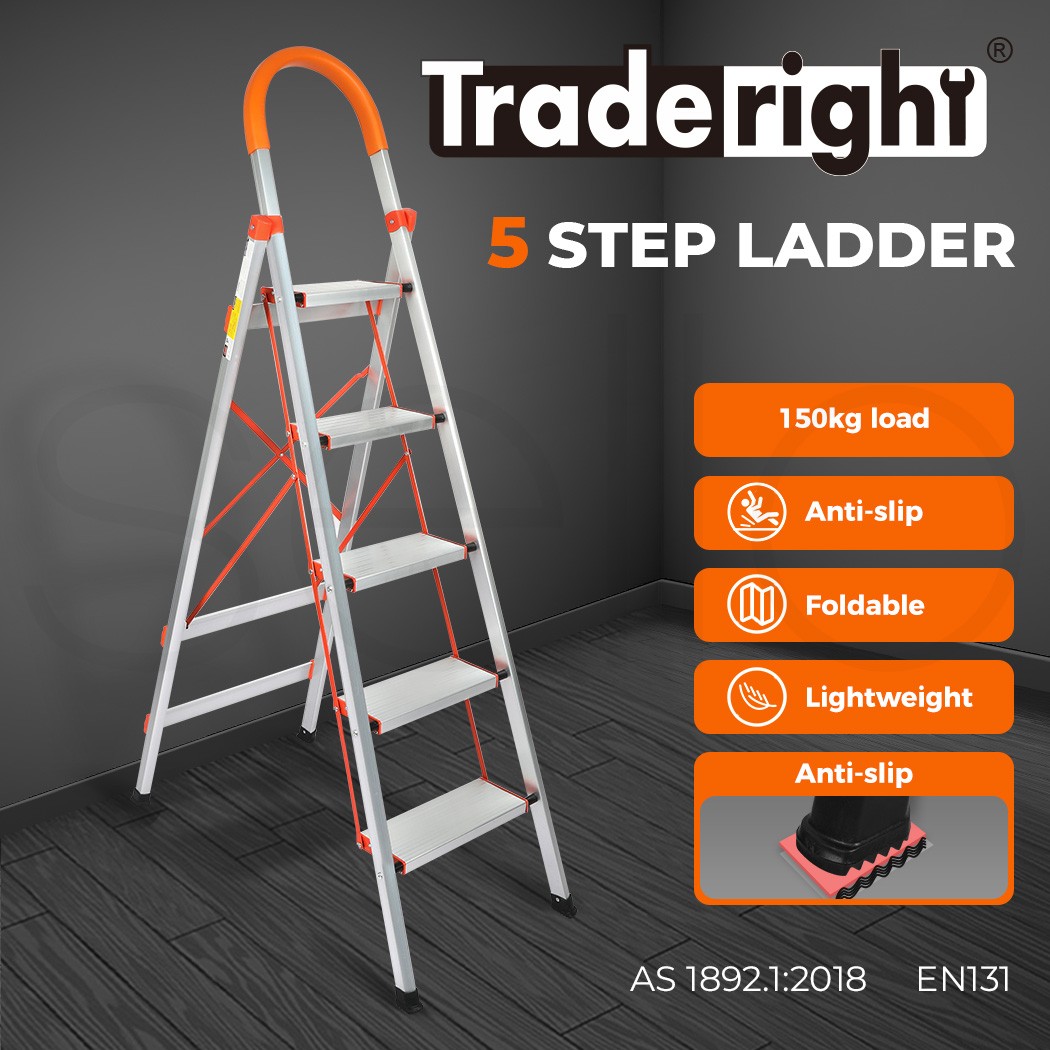 Traderight 5 Step Ladder Folding Aluminium Portable Foldable 150kg Silver