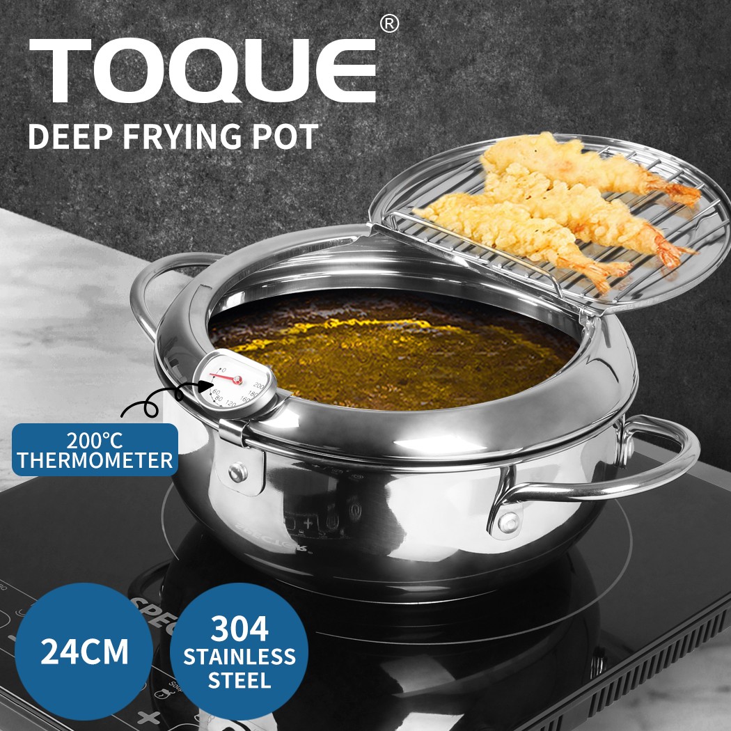 TOQUE KT0132-24CM-SL 24cm Japanese Deep Frying Pan Pot Thermometer Lid Rack