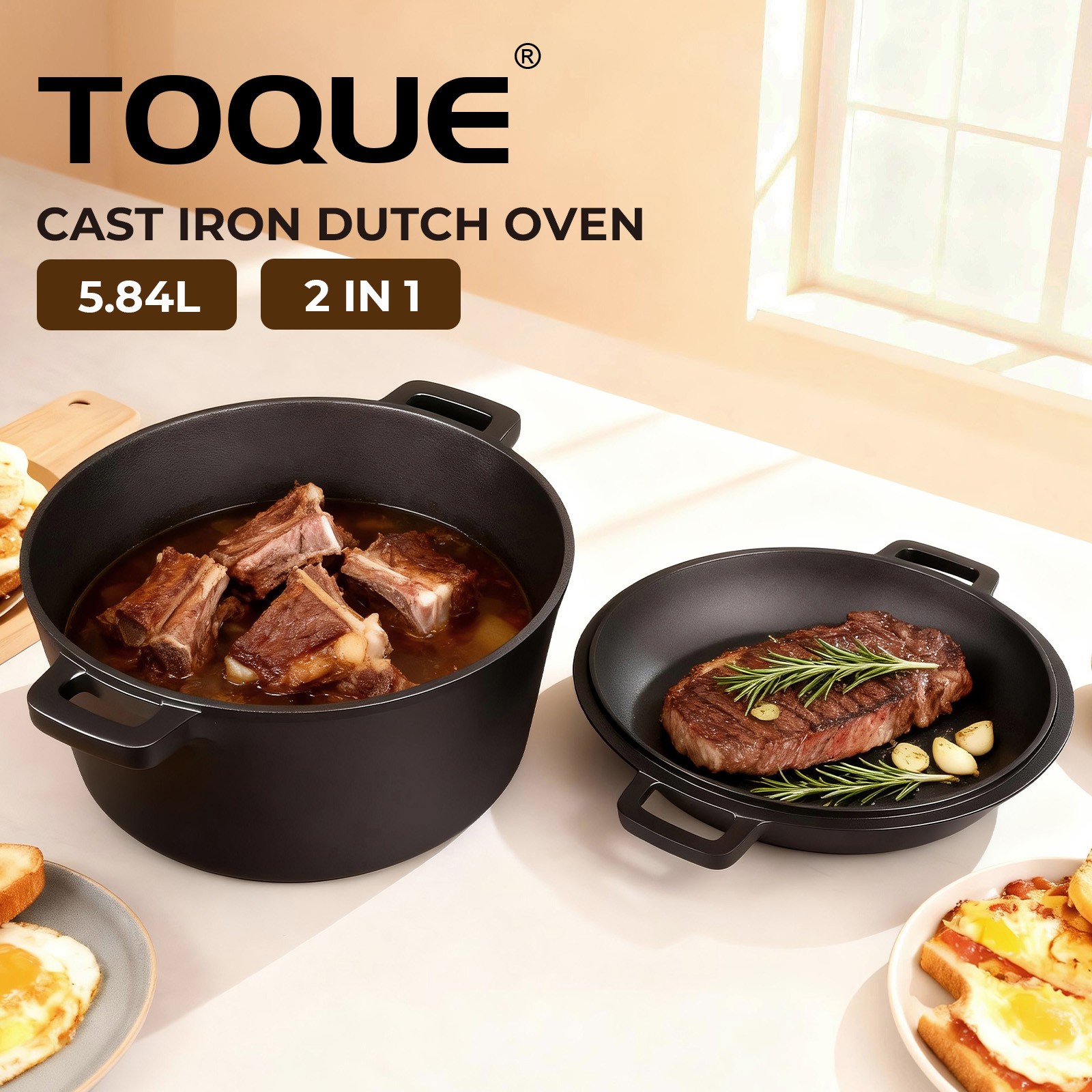 Toque 5.84L Seasoned Cast Iron 2 in 1 Double Dutch Oven Stew Pan Stockpot