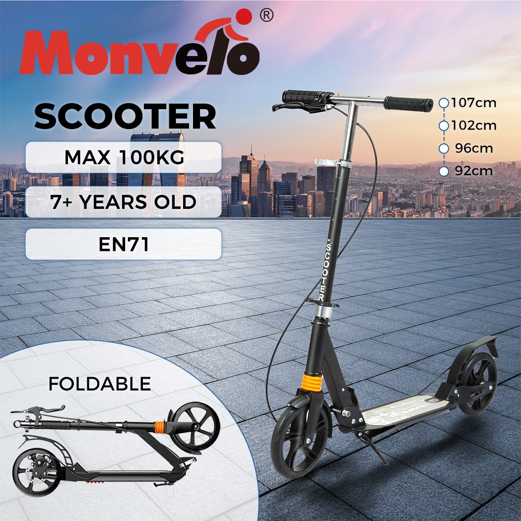 Monvelo Adult Commuter Foldable Push Kick Scooter 2 Big Wheel Disc Brake Black