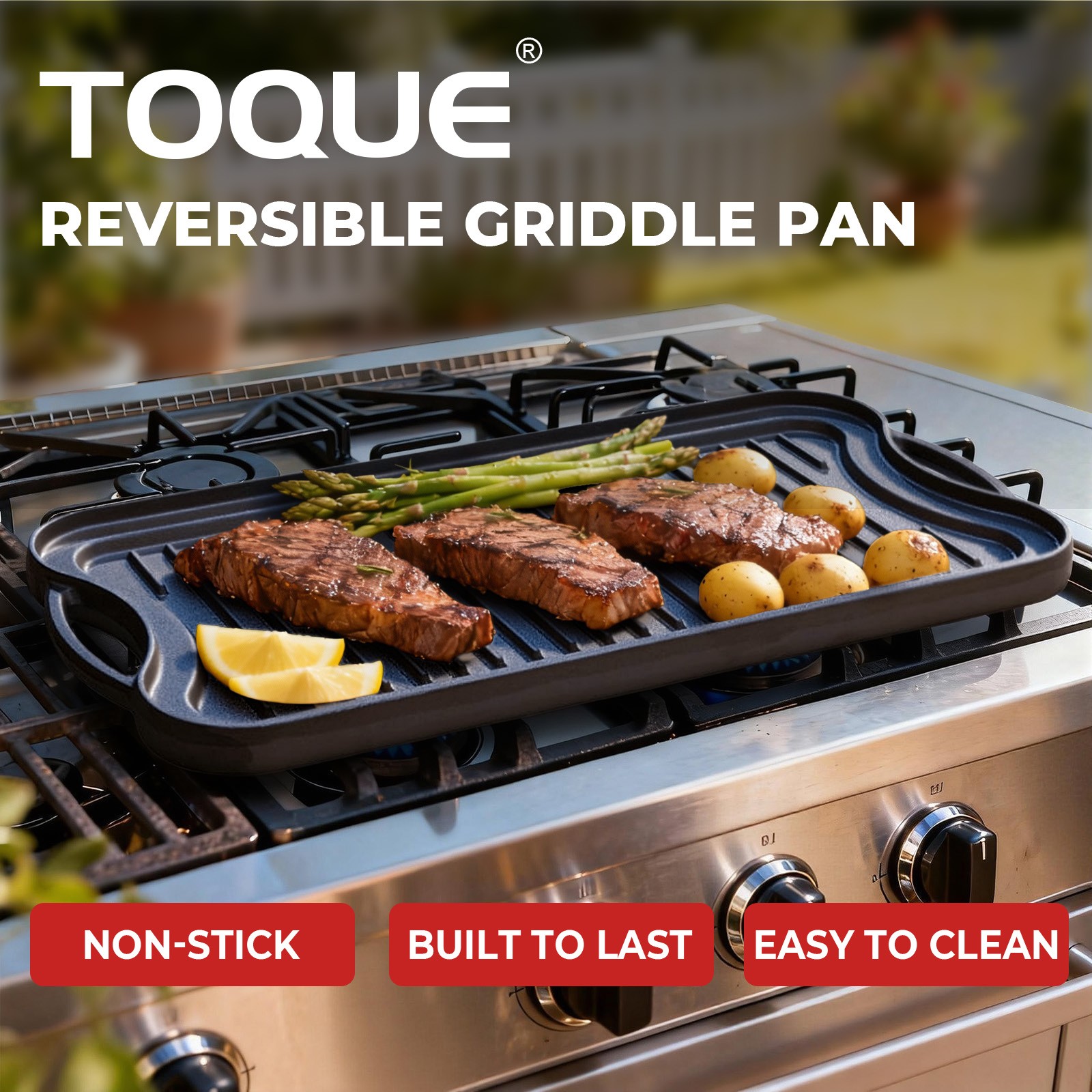 Toque 50.5cm Reversible Cast Iron Non-Stick Rectangle Griddle Pan Grill
