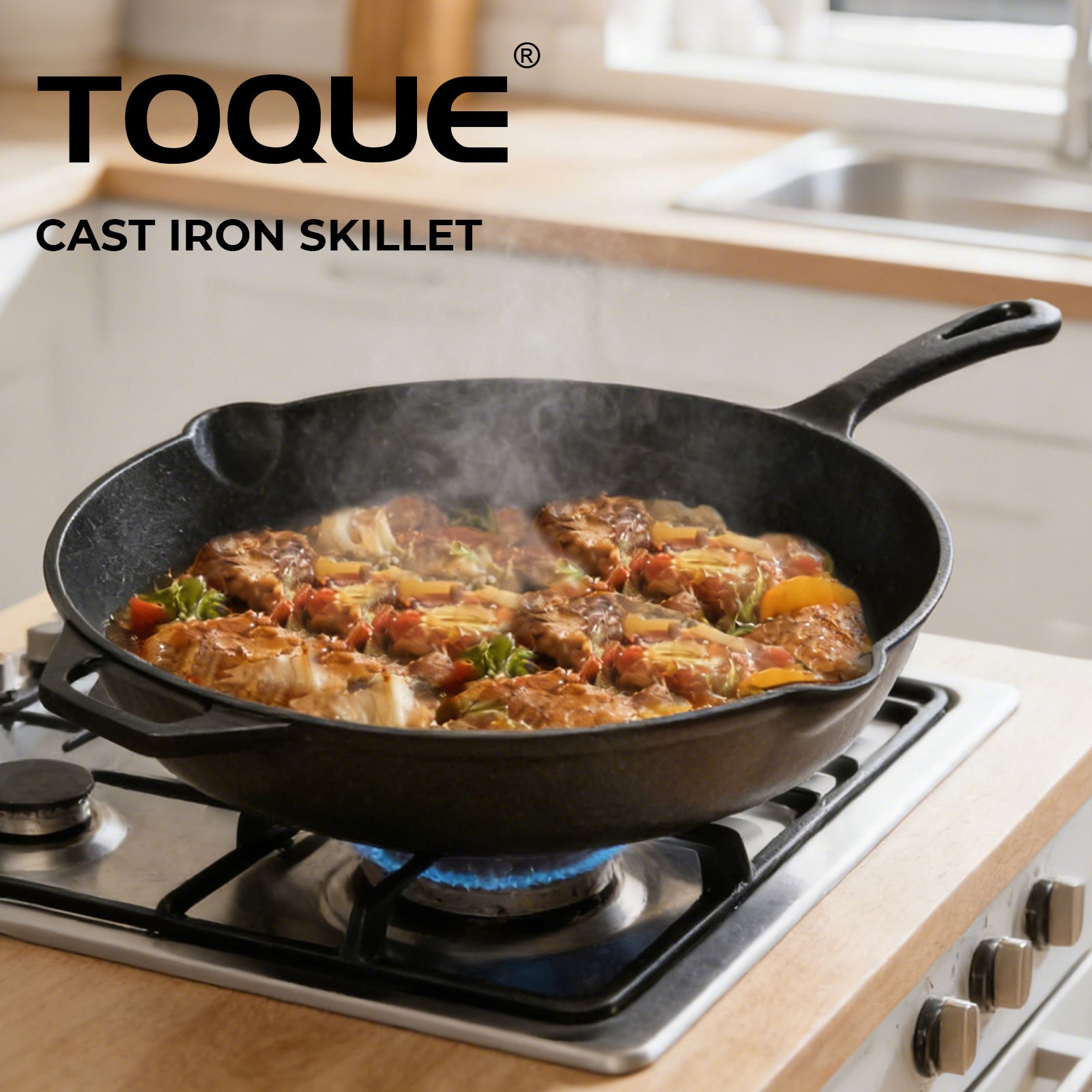 Toque Cast Iron Non-Stick Frying Pan Steak Skillet 38.5cm Induction Oven-Safe