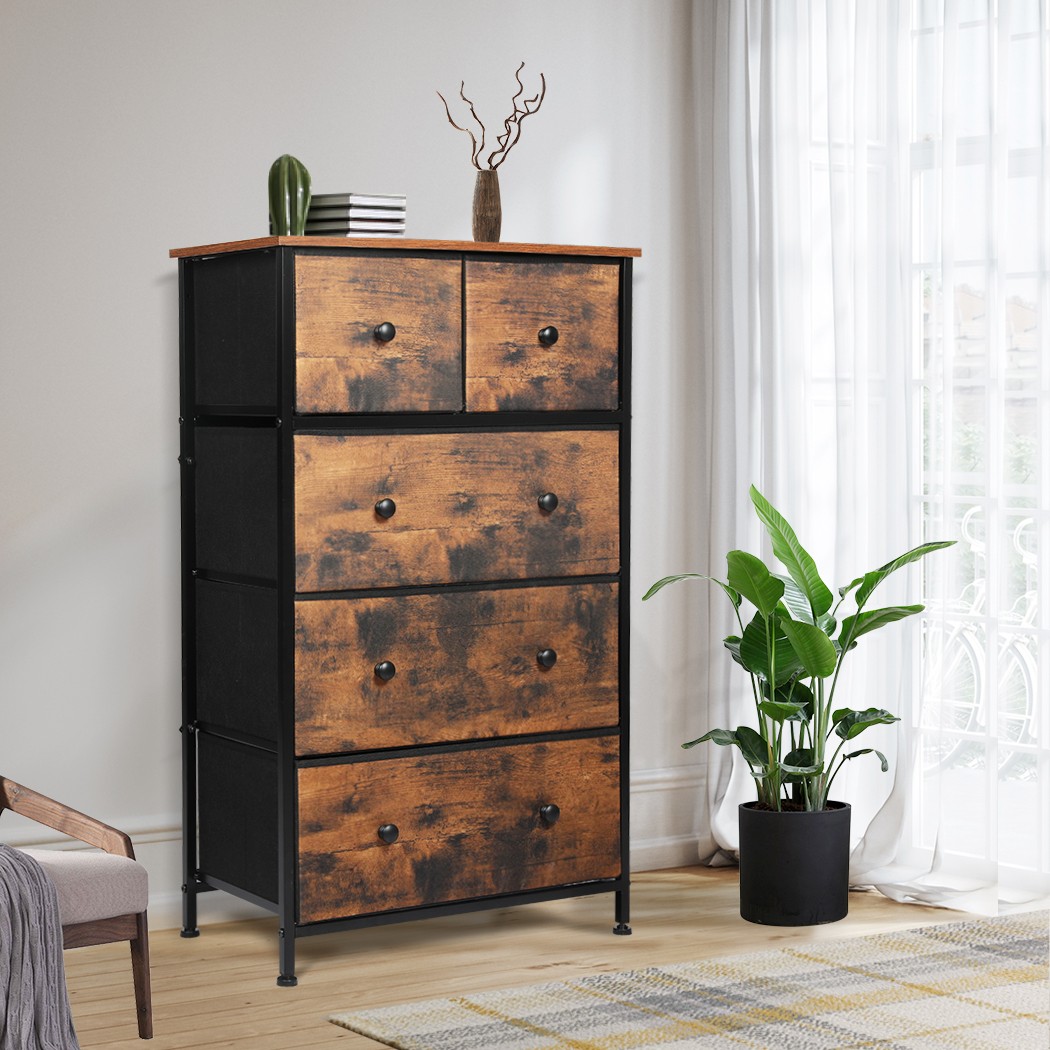 Levede Tallboy Chest of Drawers 5 Drawer Storage Cabinet Retro Brown MDF