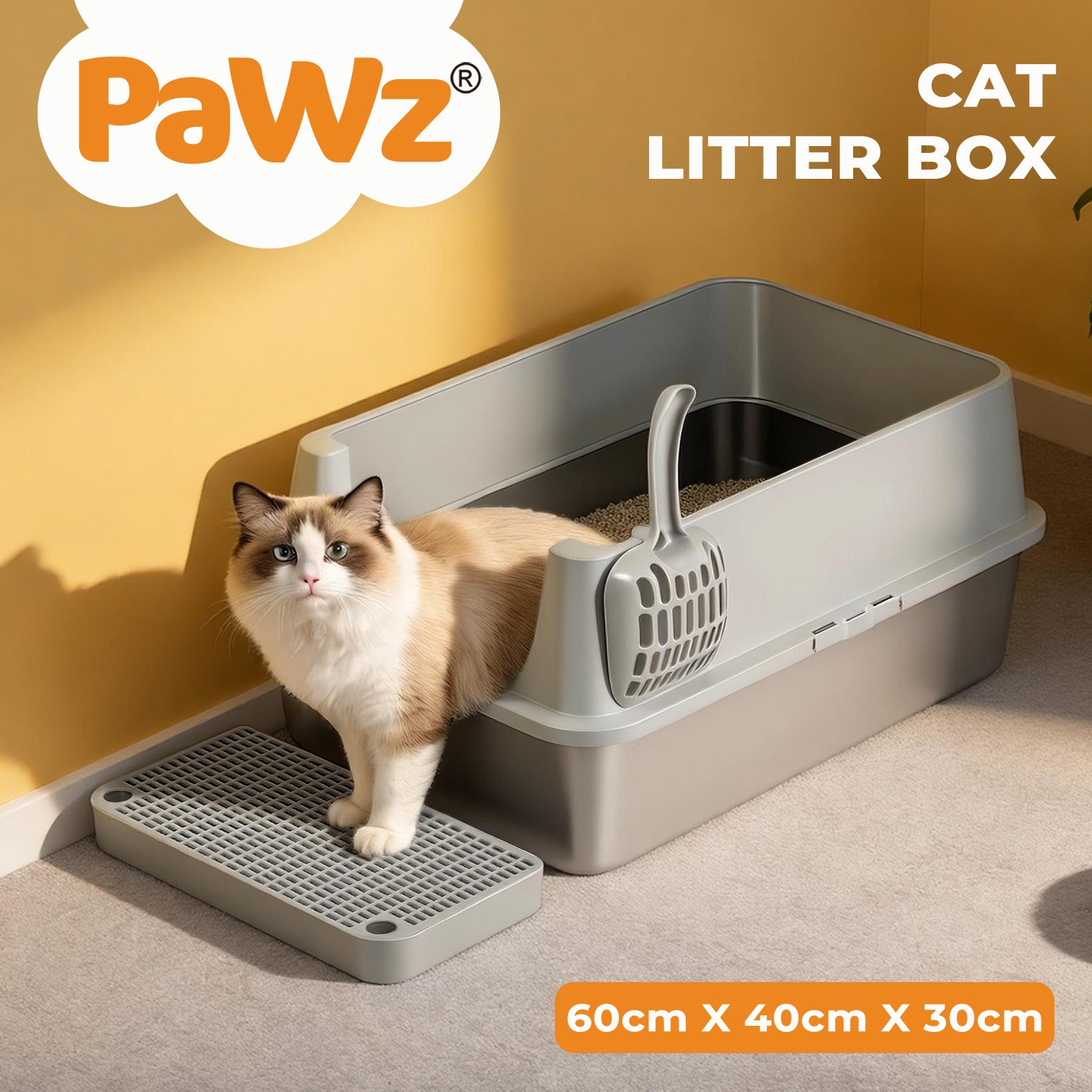 Pawz Large Stainless Steel Cat Litter Box Semi-Enclosed Easy Cleaning Grey