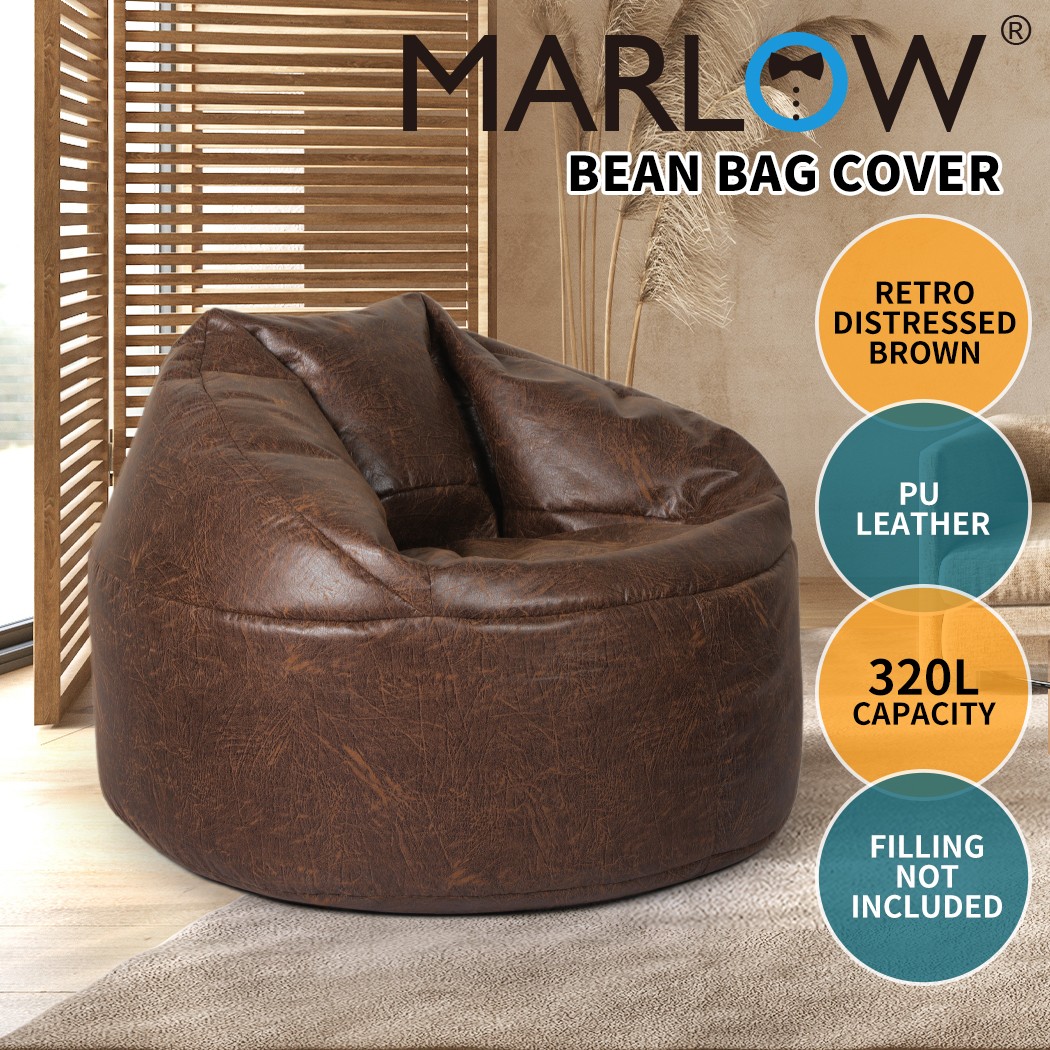 Marlow Bean Bag Chair Cover PU Faux Leather Brown Foldable Gaming Lounge