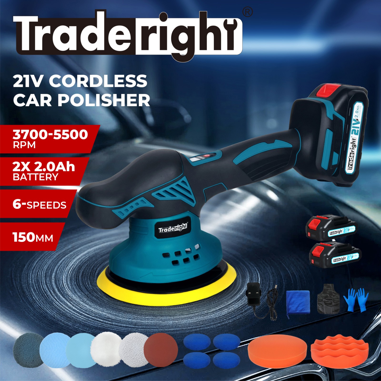 Traderight 21V Cordless Car Polisher Buffer Machine 6 Speed 5500RPm 2 Battery
