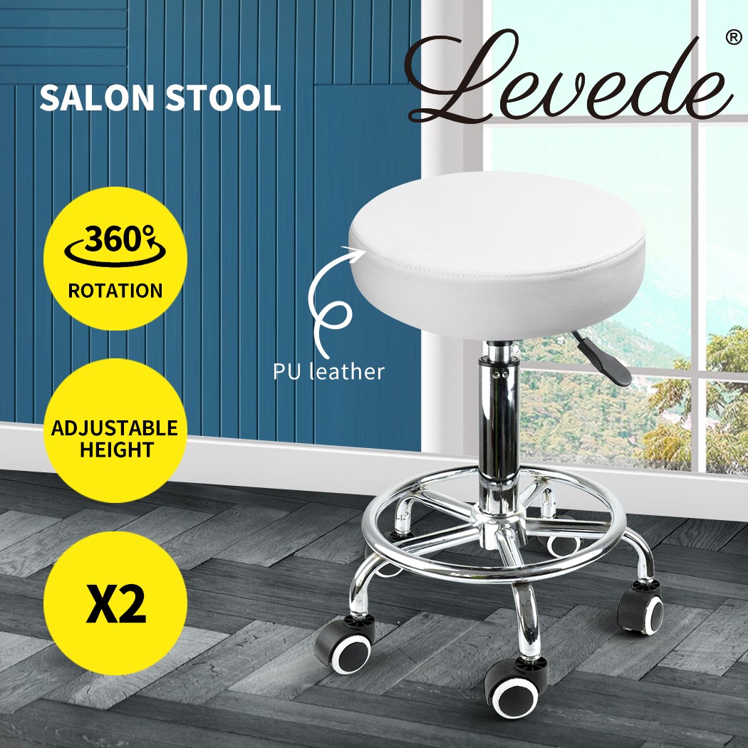 2x Levede White Salon Barber Stool Swivel Round Lift Hight Adjustable 150kg