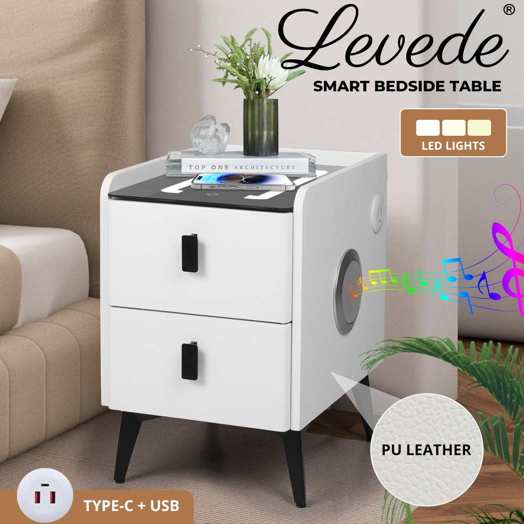 Levede Smart Bedside Table Charging Station RGB 2-Drawer White Glass Storage