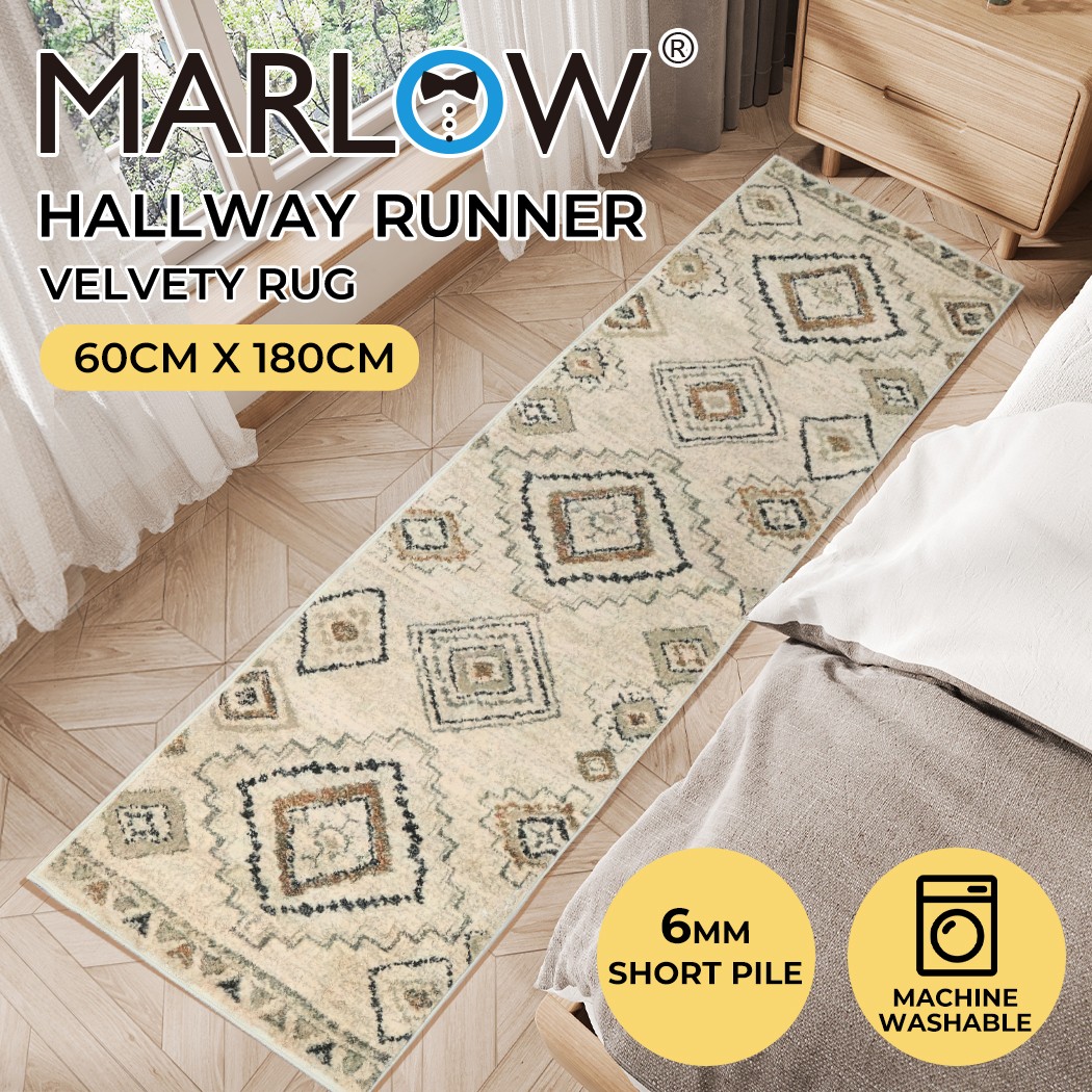 Marlow Hallway Runner Floor Rug Washable Soft Plush Non-Slip 180X60cm