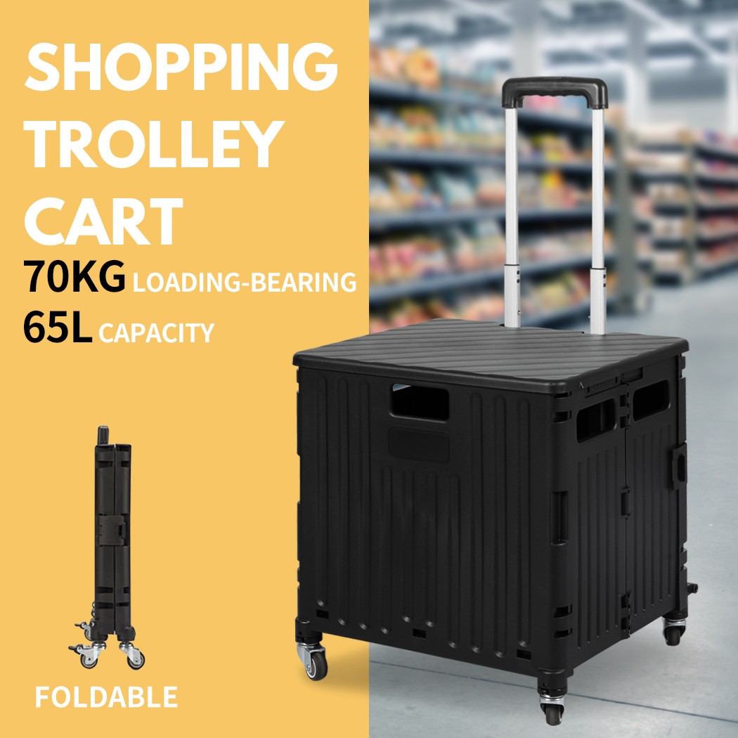 Traderight Folding Shopping Trolley Cart Portable Rolling Grocery Basket Black