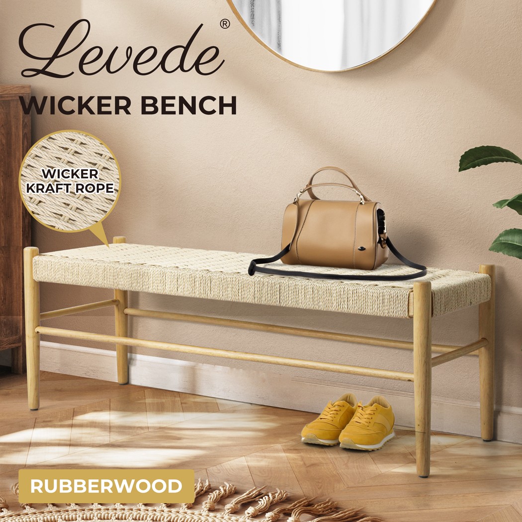 Levede Wicker Dining Bench Chair 120cm Solid Wood Kraft Rope Seat Natural