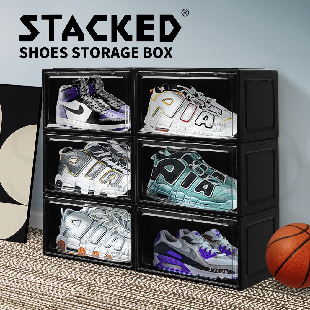 Stacked Acrylic Sneaker Display Shoe Box Magnetic Door 6PC Stackable Black