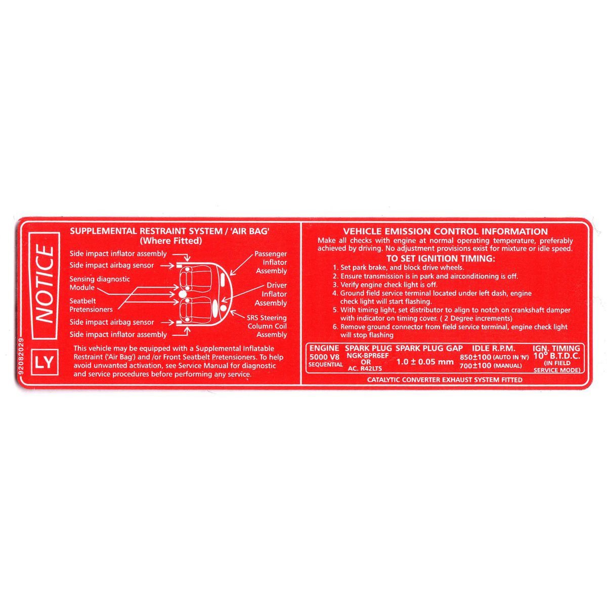 RSP Decal Vehicle Emission/SRS Notice Commodore VT Series 1 V8 5.0L - 92082029