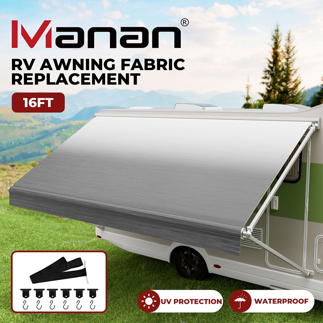 Manan RV Awning Fabric Replacement 16FT 18.05oz PVC Vinyl Gray Fade Anti-UV