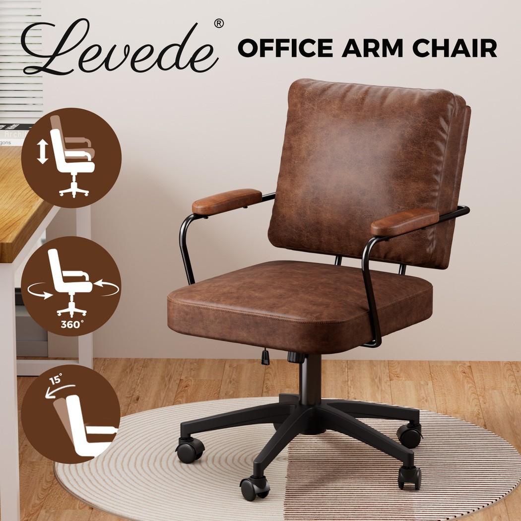 Levede Brown Leather Executive Office Arm Chair Swivel Adjustable Height 110kg