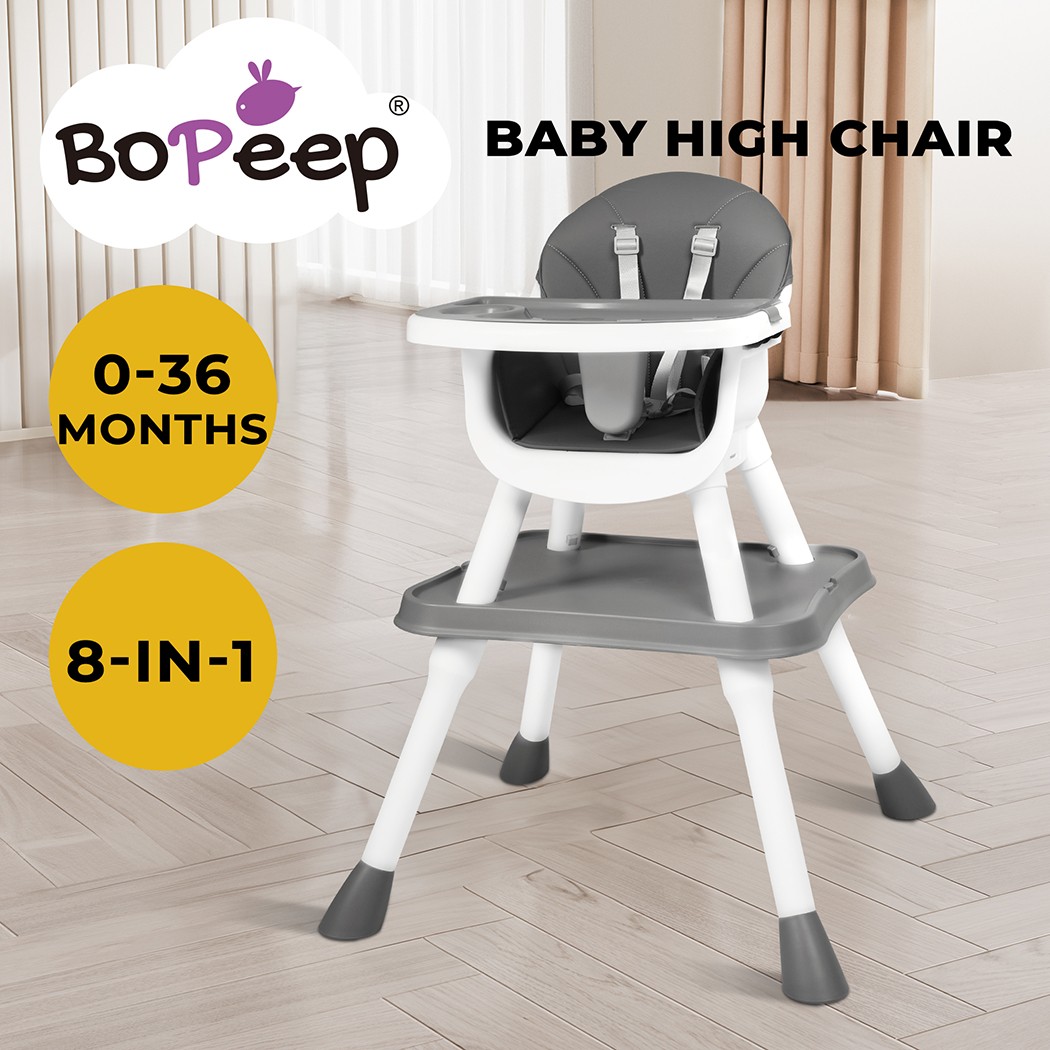 Bopeep Baby High Chair 8-In-1 Grey Adjustable Cover Cup Holder 15KG