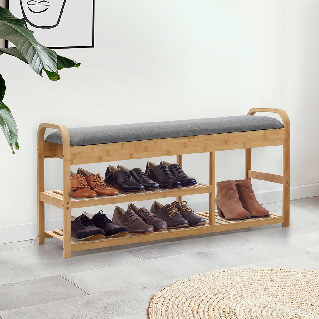 Levede Bamboo Shoe Rack Bench Entryway Seat Storage Cabinet 100cm 50cm 33cm