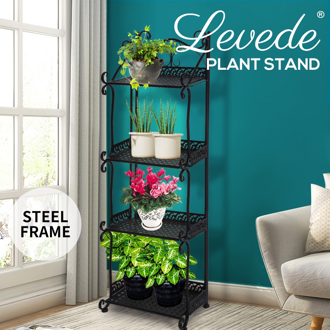 Levede Plant Stand 4 Tiers Steel Black Outdoor Indoor Flower Pots Rack