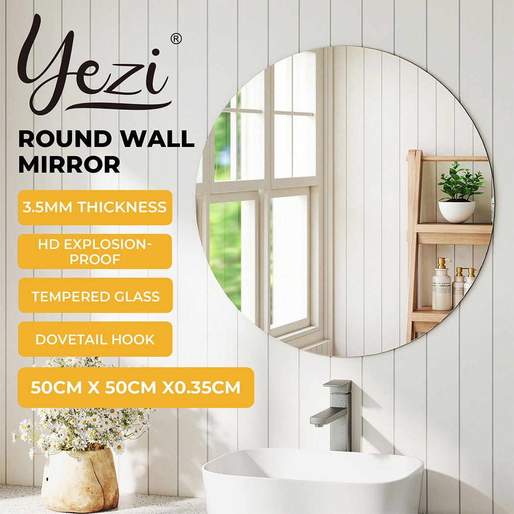 Yezi 50cm Round Frameless Tempered Glass Wall Mirror Explosion-Proof Decor
