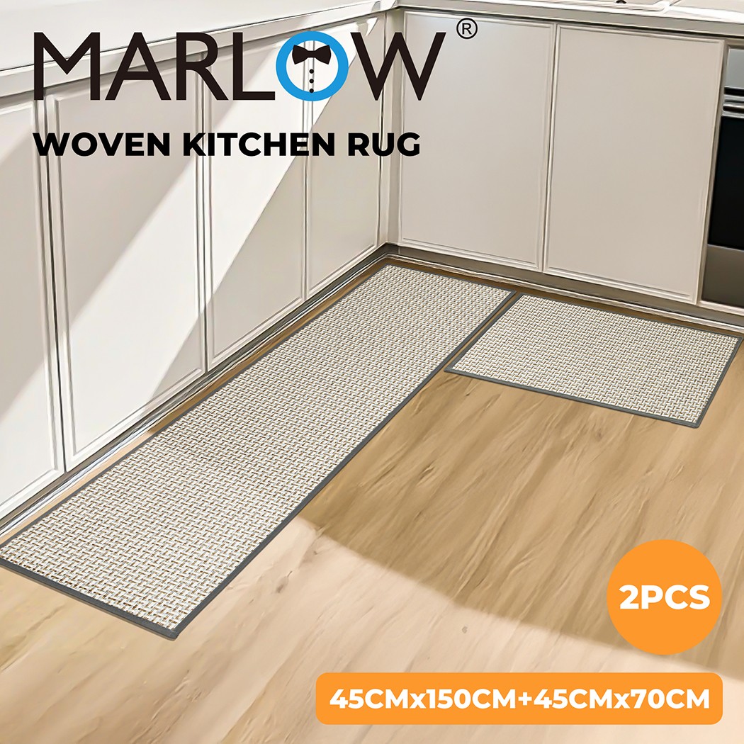 Marlow Kitchen Mat Set of 2Pcs Grey Non Slip Woven Absorbent Runner Washable