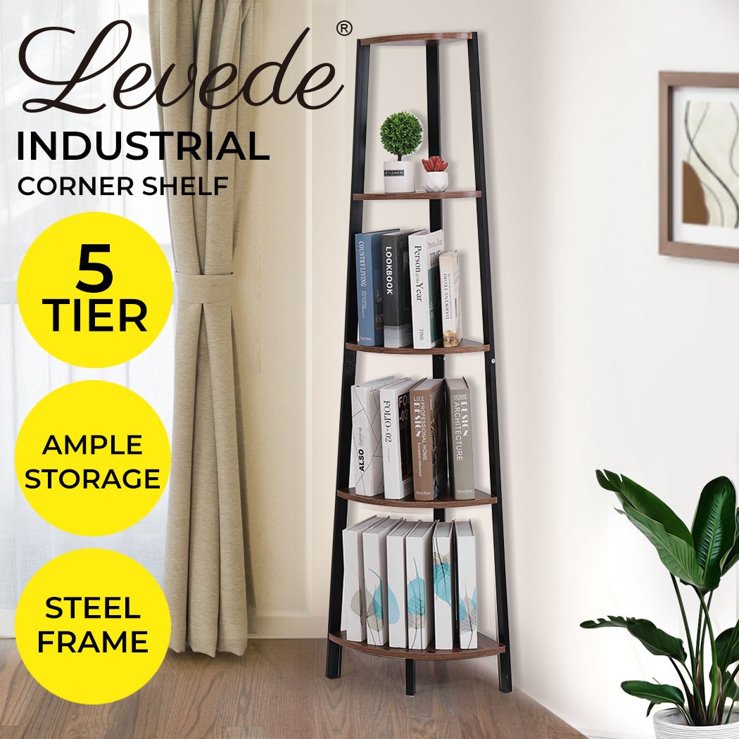 Levede 5 Tier Corner Shelf Industrial Ladder Wooden Storage Rack 159cm Brown