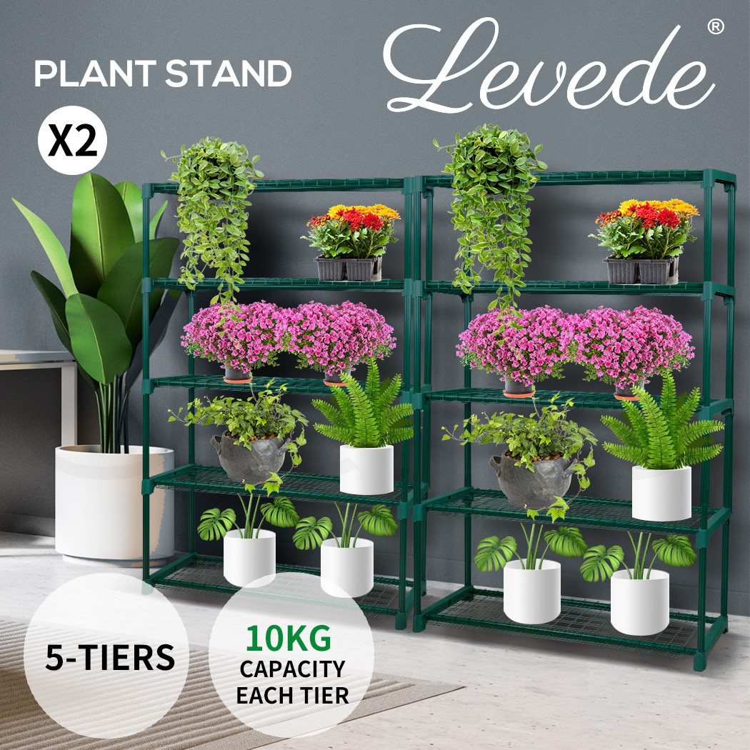 Levede 2x5-Tier Green Steel Plant Stand Rack Indoor Outdoor 90cm 140cm 30cm