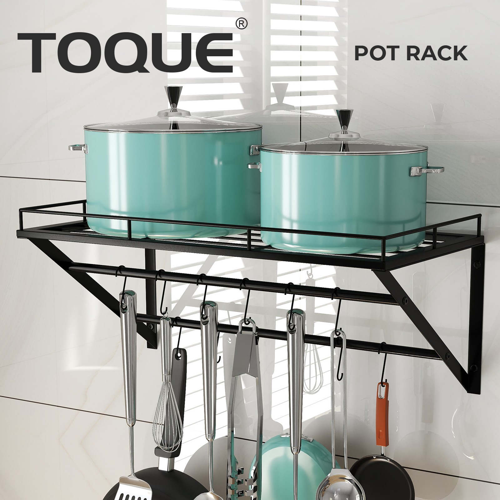 Toque Wall Mounted Pot Pan Rack Utensil Rail Holder Shelf 12 Hooks Kitchen