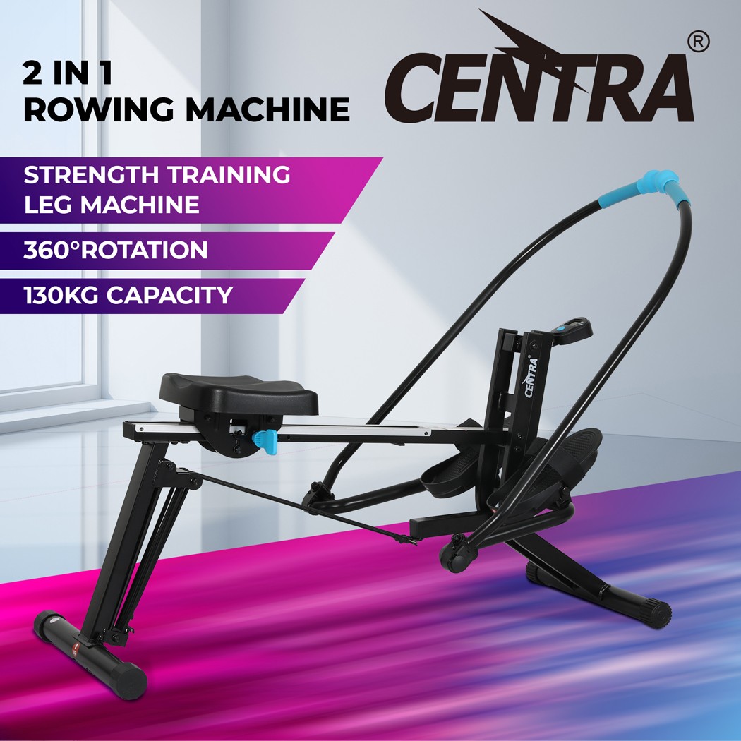 Centra 2 In 1 Rowing Machine Steel Adjustable Seat Black Blue LED Display