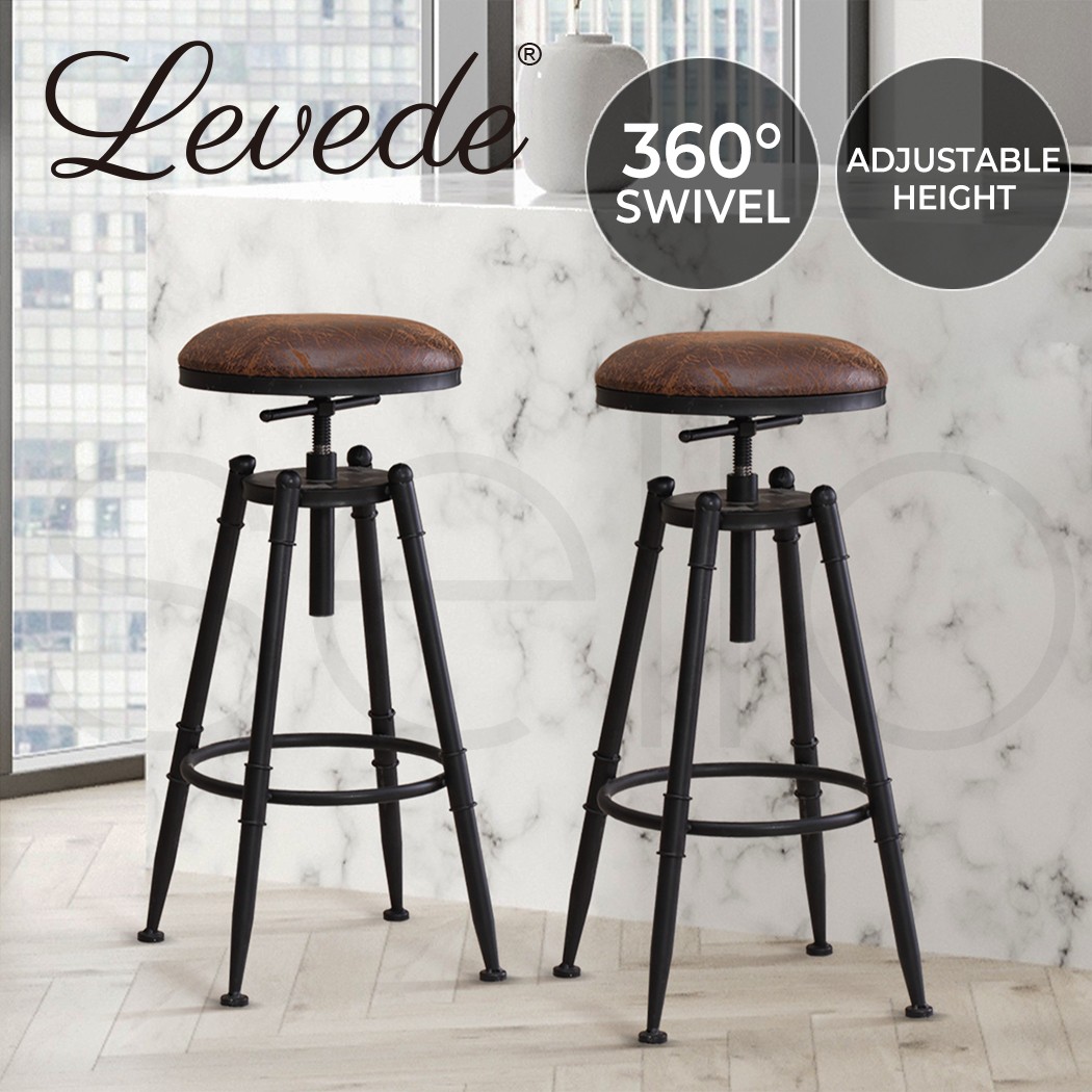 Levede 2x Industrial Bar Stools PU Leather Swivel Chairs Brown Metal BR1013