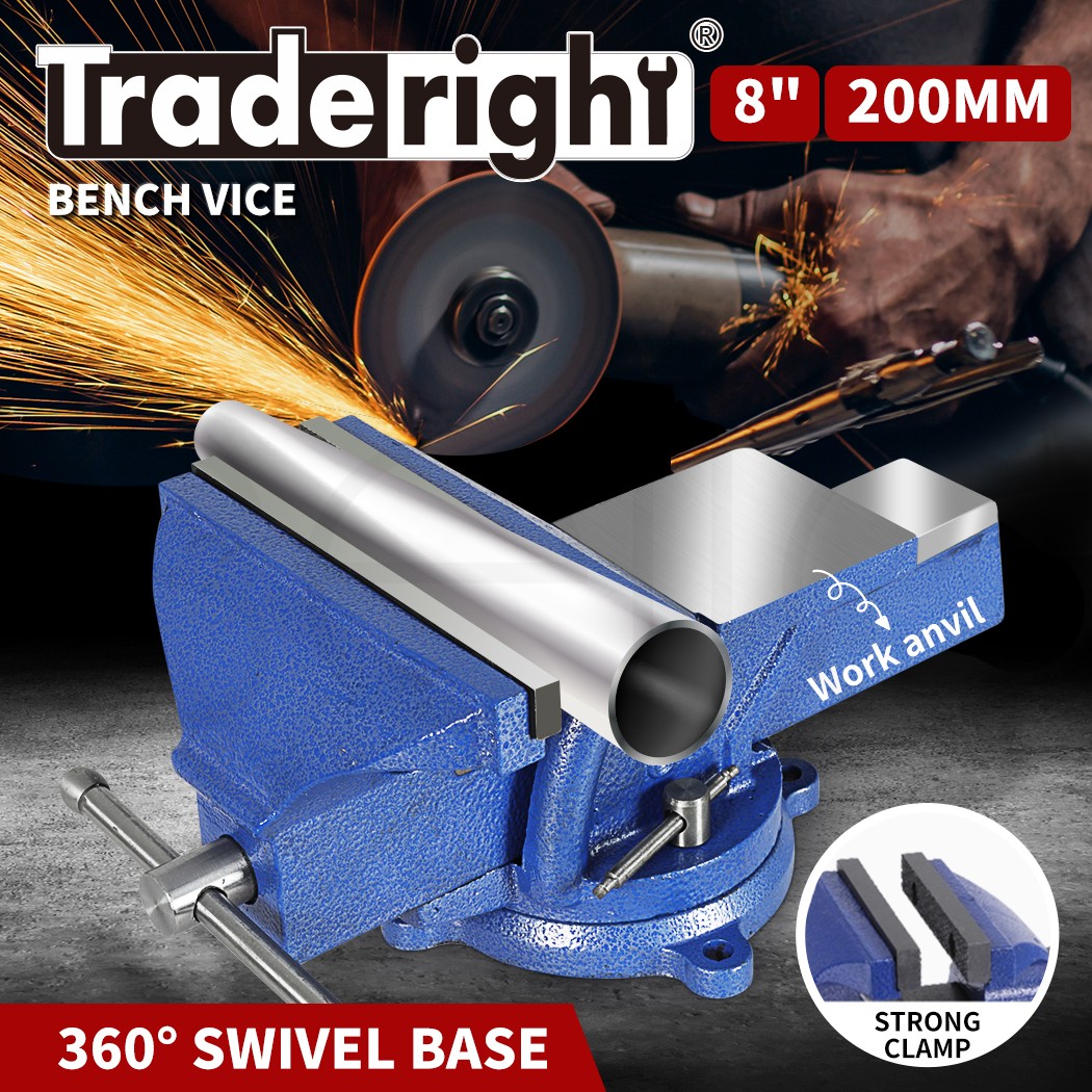 Traderight 8in Bench Vice 200mm Cast Iron Anvil Swivel Base Blue Adjustable