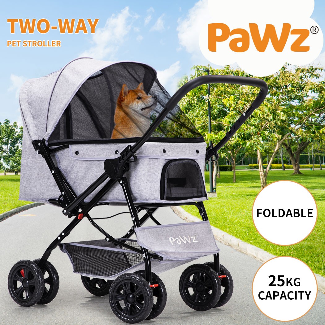PAWZ ST1006GY 4-Wheel Pet Stroller Dog Pram Carrier Foldable Grey 25kg