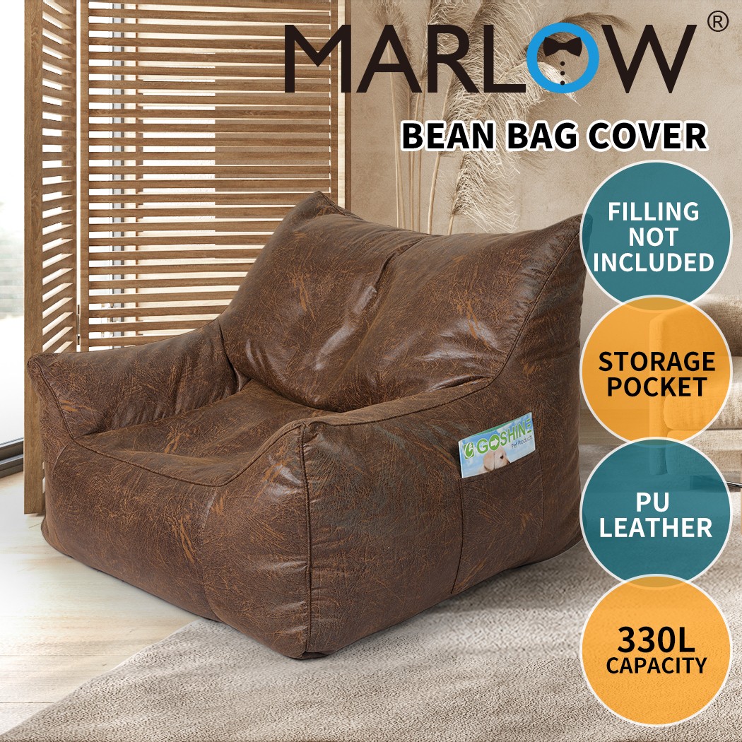 Marlow BEAN1009DB Leather PU Bean Bag Chair Cover Brown Foldable Large