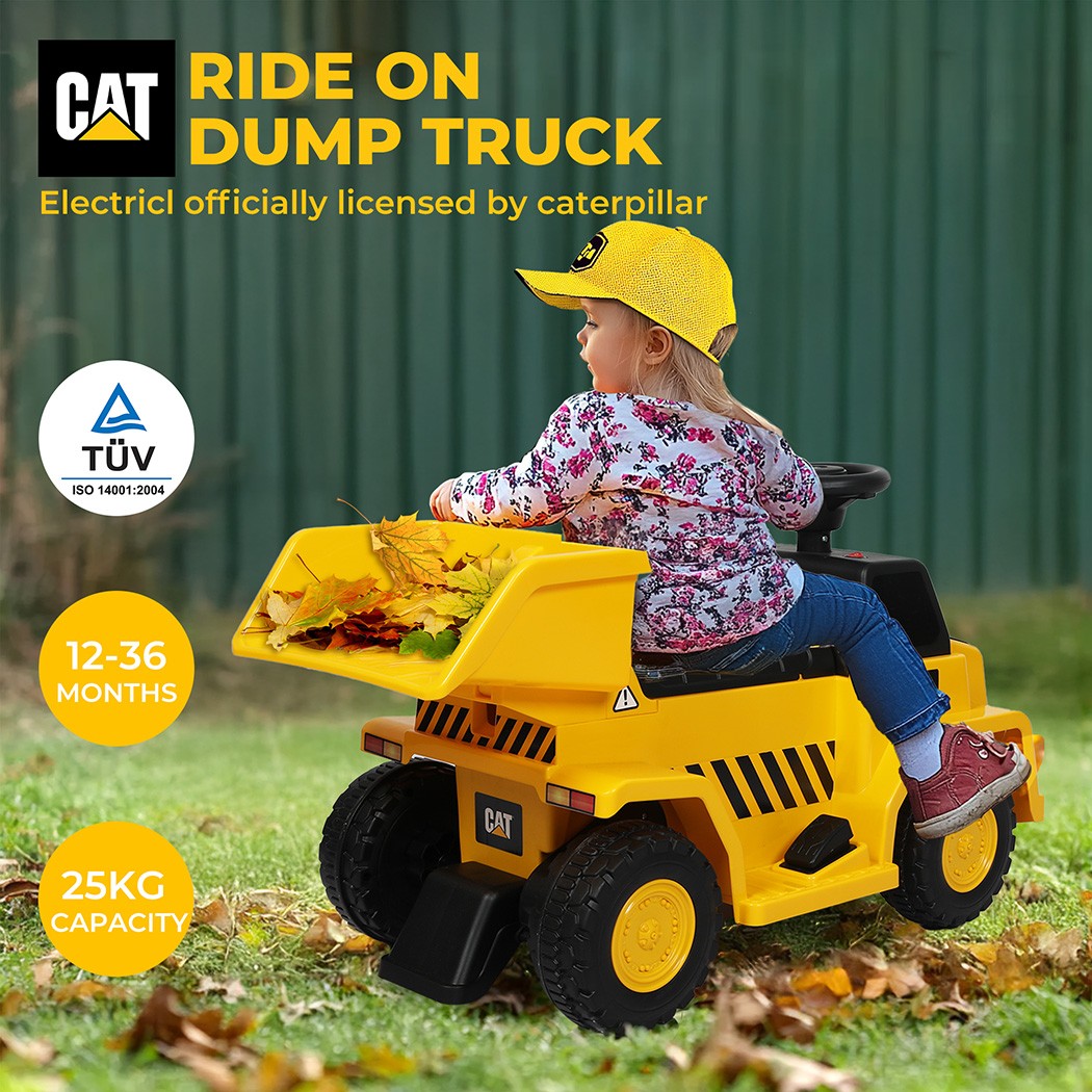 CAT Electric Ride On Dump Truck Yellow Lights Outdoor Kids Toddler Toy 1-3 Years