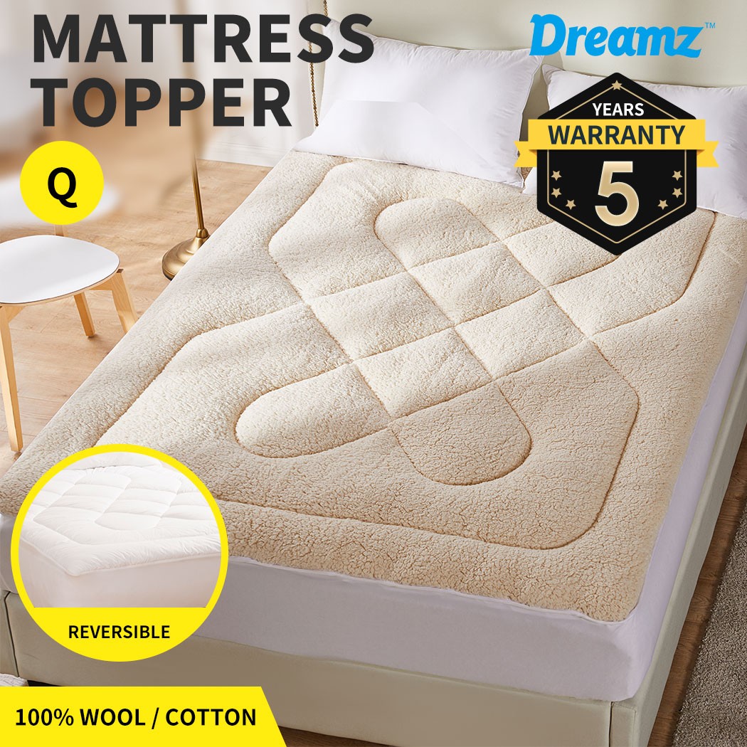 Dreamz Mattress Topper Protector 100 Wool Underlay Mat Reversible Queen Soft