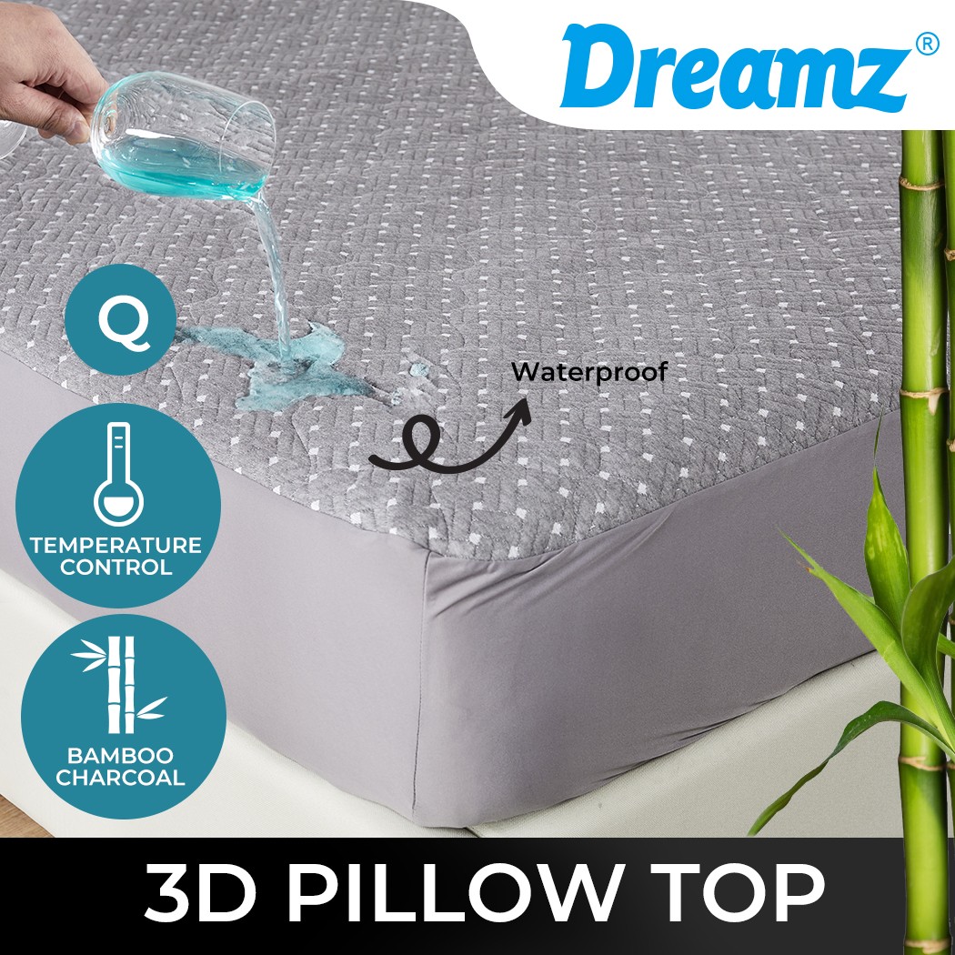 Dreamz Bamboo Charcoal Pillowtop Mattress Protector Topper Waterproof Queen