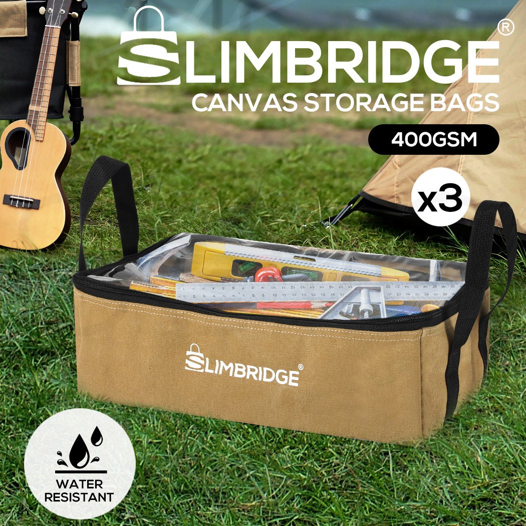 Slimbridge 3Pcs Camping Canvas Storage Bags Khaki Lightweight 10-20L Outdoor
