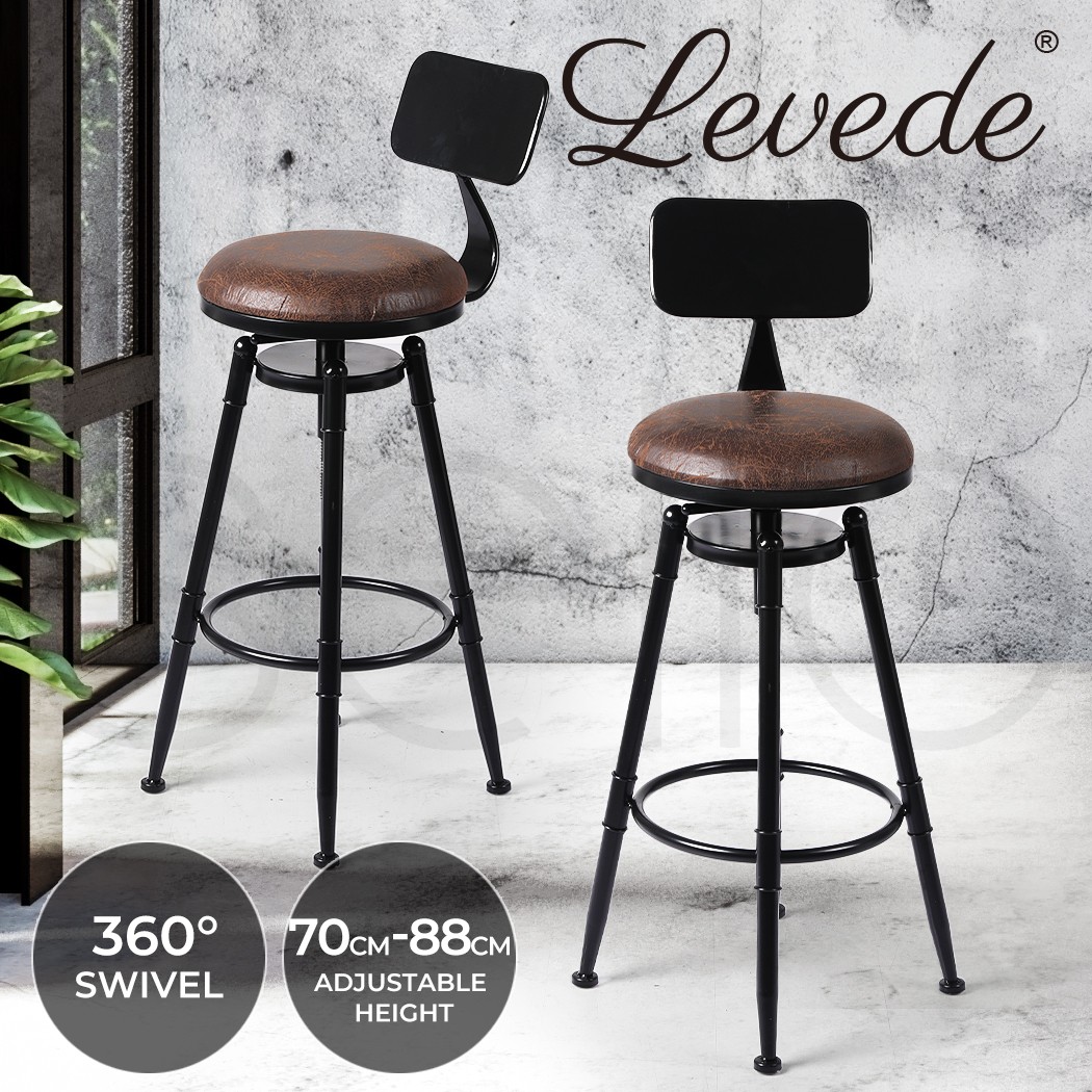 Levede Industrial PU Leather Swivel Bar Stool Black Brown 70-88cm 150kg