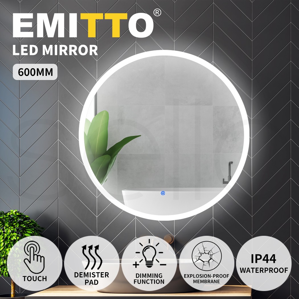 Emitto Round LED Wall Mirror Anti-fog Bathroom Makeup Light White 60cm